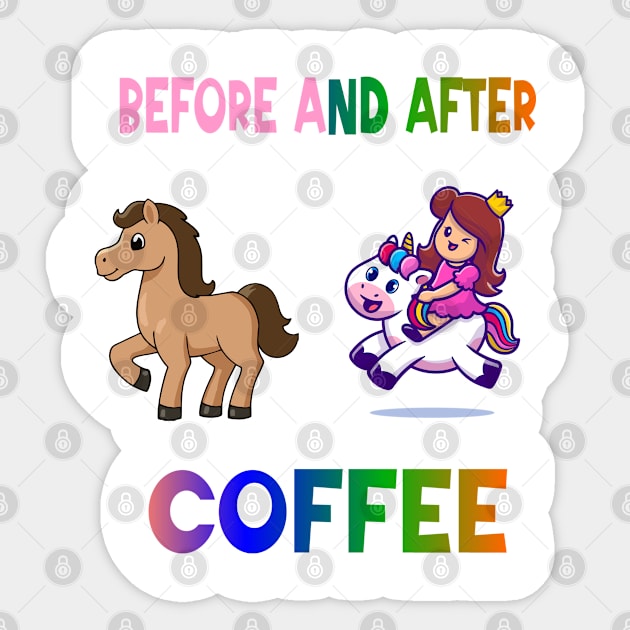 Before and after coffee Unicorn Sticker by A Zee Marketing